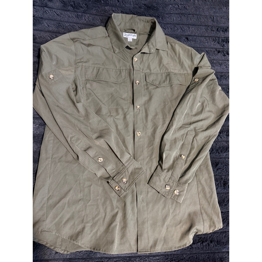 33,000ft Mens Long Sleeve Fishing Shirt Olive Green Ripstop Hiking Utility S